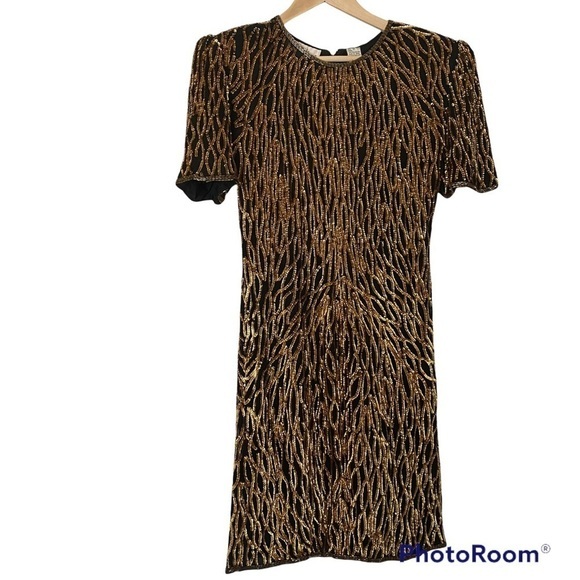 VINTAGE 80s 90s LAURENCE  KAZAR 100% silk gold black sequin dress‎ - Picture 1 of 10